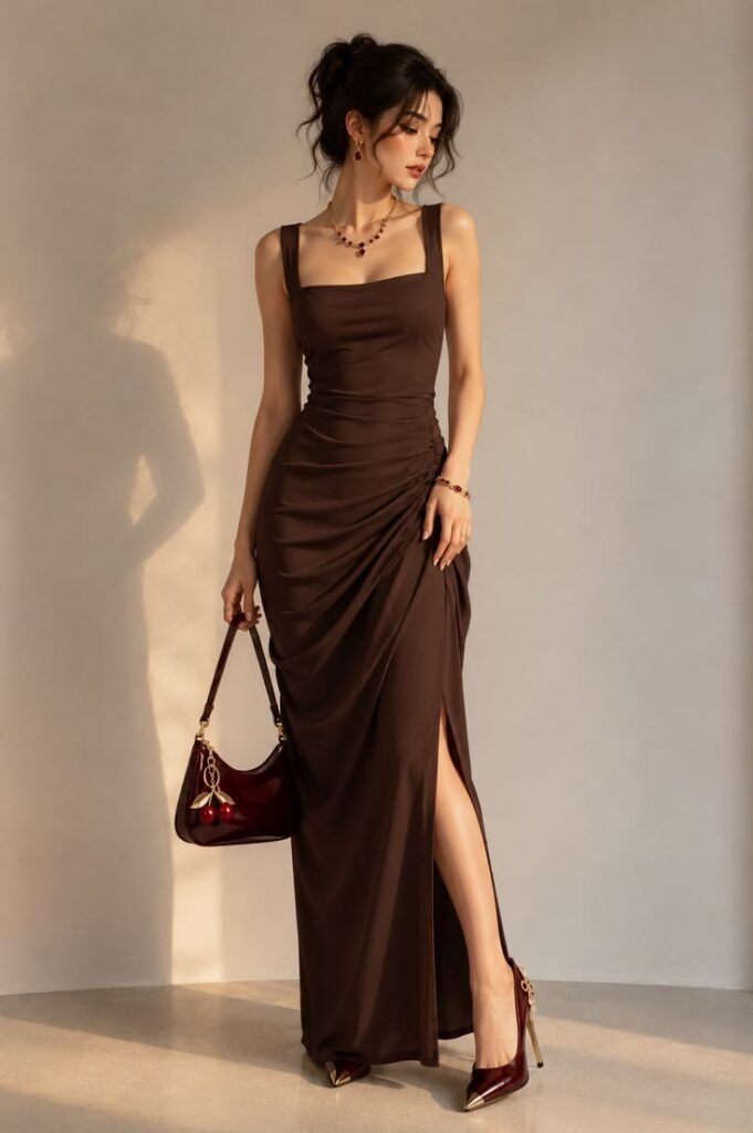 chocolate brown dress outfit 🤎✨ old money aesthetic elegant evening look quiet luxury fashion