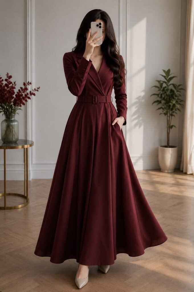 maroon wrap maxi dress elegant formal evening outfit